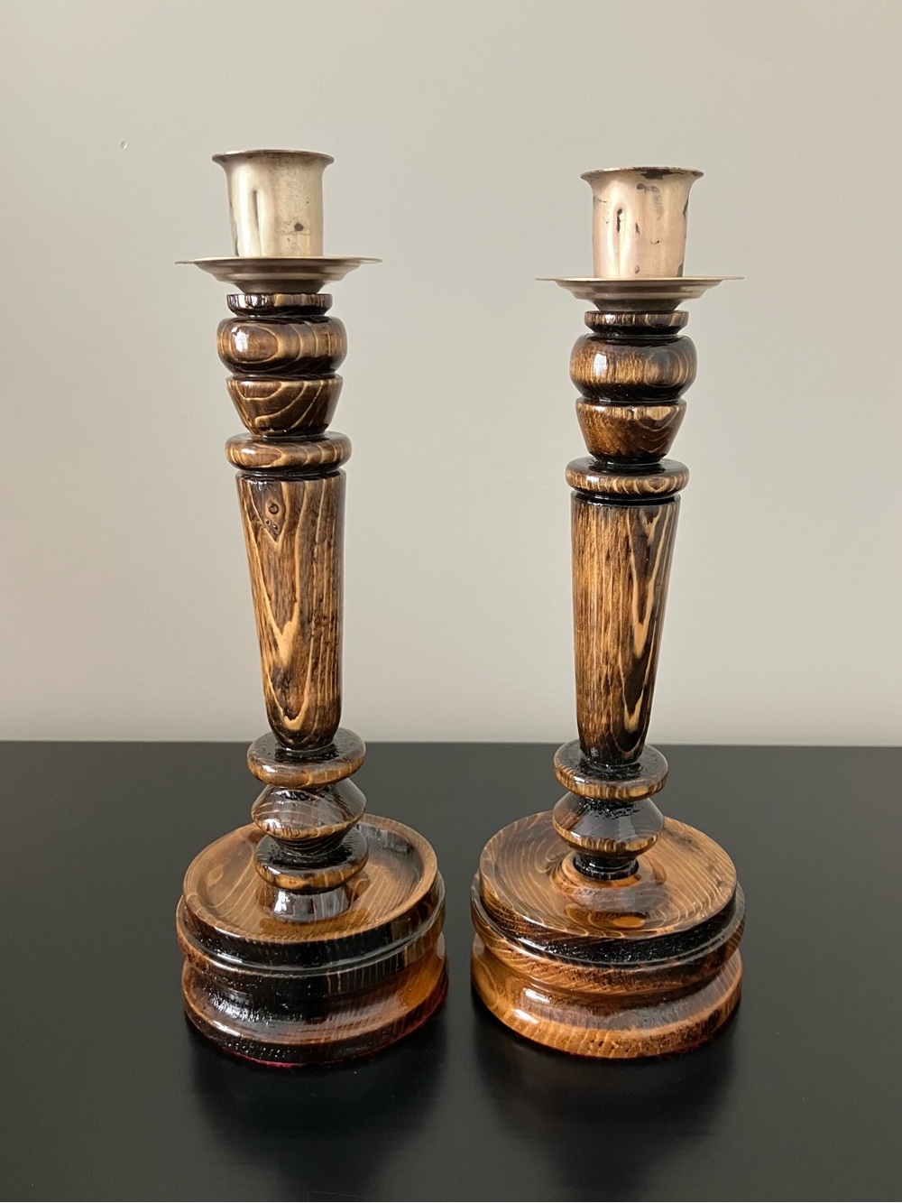 Vintage Spindle Style Wood Candlestick Holders - Pair